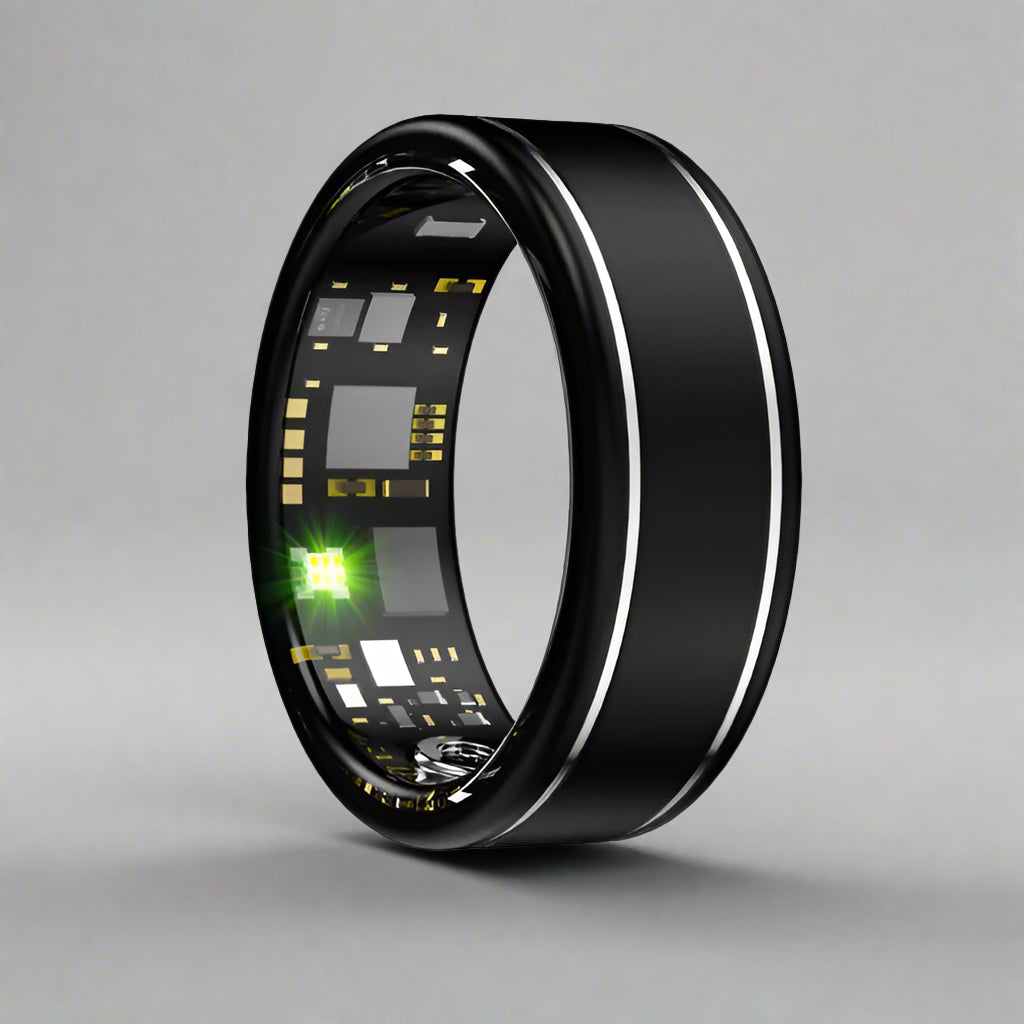 Black smart ring with electronic components on a white background, featuring text about fast charging and battery life.